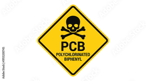 Warning sign with a skull and crossbones, indicating PCB (Polychlorinated Biphenyl) is present and hazardous.
