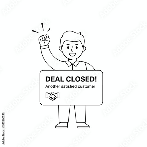 Man holding a deal closed sign with a handshake icon.