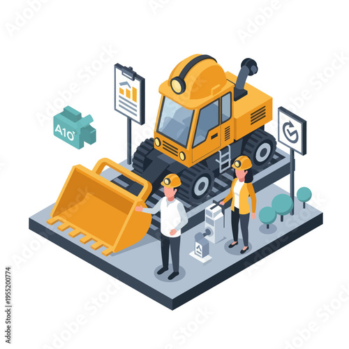 Isometric illustration of construction workers operating heavy machinery and analyzing data on a mining site.