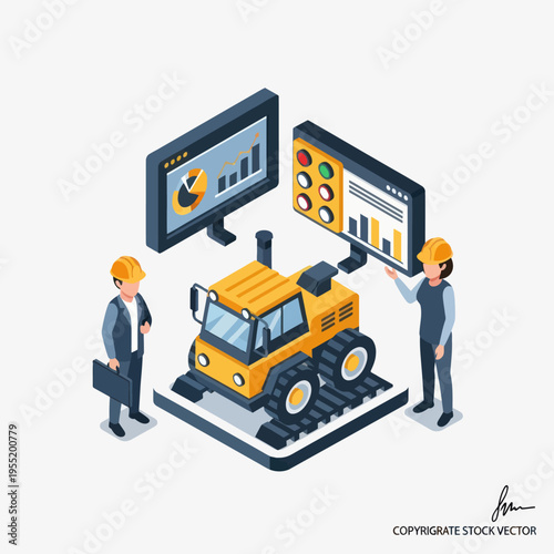 Isometric illustration of construction machinery being monitored and controlled by engineers using advanced digital technology and data analysis.