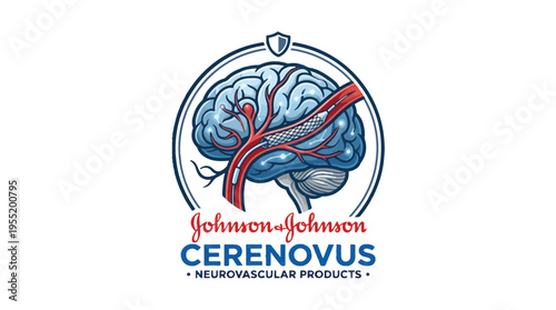 Johnson & Johnson's Cerenovus logo depicts a brain with neurovascular products, symbolizing innovation in brain health and treatment.