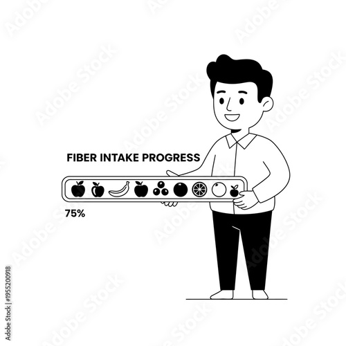 Man holding fiber intake progress bar with fruits.