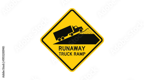 Yellow diamond-shaped sign warns of a runaway truck ramp with a black graphic depicting a truck ascending a gravel ramp.