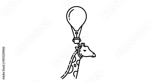 Creative giraffe soaring with an illuminated hot air balloon, symbolizing innovative ideas and imaginative concepts in a unique line art illustration