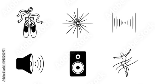 A curated collection of minimalist line art icons representing dance, sound, and abstract elements for creative projects