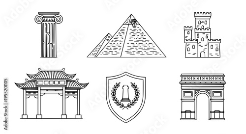 Diverse collection of global architectural landmarks and historical monuments, featuring ancient wonders, medieval structures, and iconic cultural gates in a minimalist line art style
