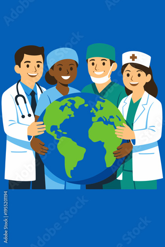 Vector Design of Doctors and Nurses Holding Earth Symbol for World Health Day