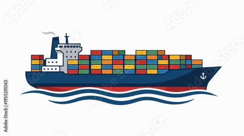 A cartoon-style blue container ship, loaded with colorful shipping containers, sails on stylized blue waves against a white background.