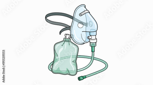 A clear plastic oxygen mask with a breathing bag and tubing, isolated on a white background.
