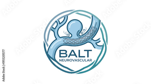 Logo for BALT Neurovascular showing a stylized representation of a blood vessel with a stent and an aneurysm, enclosed in a circular, abstract design.