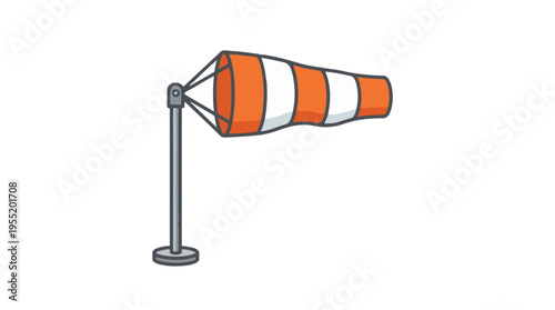 An illustration of an orange and white striped windsock on a pole, indicating wind direction and speed.