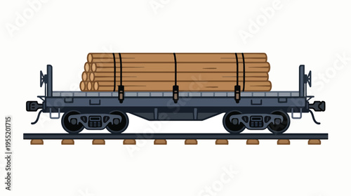 A flatbed train car carrying a load of lumber, secured with straps. The train car is depicted on railway tracks against a white background.