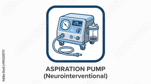 Illustration of a medical aspiration pump, a device used for suctioning fluids, with a gauge and collection canister.