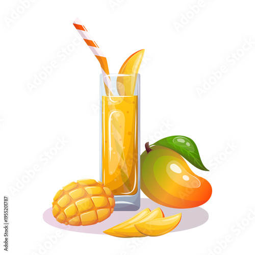Vector illustration of mango juice in tall glass with fruit