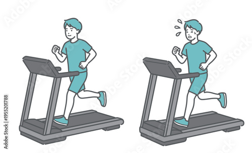 トレッドミルで走る男性の比較イラスト（笑顔と汗だく・快適とハード）