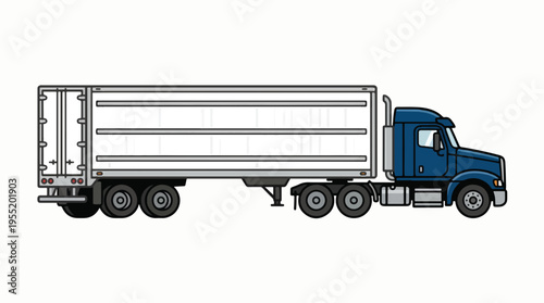 A blue semi-truck with a white trailer is shown in profile. The truck has a long body and multiple wheels.