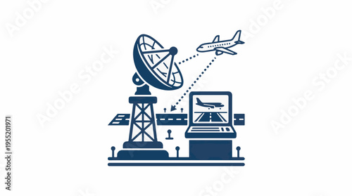 Illustration of radar tracking an airplane on a laptop screen, with a large radar dish and airport runway.