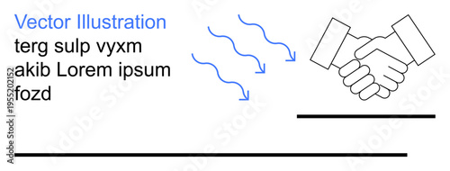 Business cooperation, agreement, communication, partnership, teamwork, collaboration. A handshake with curved arrows and placeholder text. Business cooperation and agreement concept