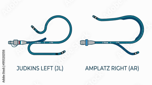 Two cardiac catheters, a Judkins Left (JL) and an Amplatz Right (AR), shown with distinct curved tips for coronary angiography.
