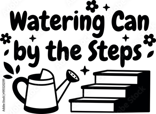 Black and white watering can by the steps vector art with flowers
