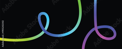 Abstract flowing ribbon with vibrant cyan to purple gradient on black background. Dynamic curved line art, modern wave design for web banner, presentation, and creative graphic.