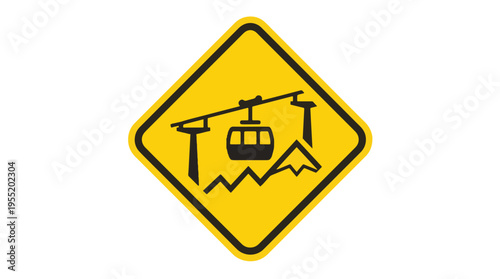 Yellow diamond-shaped warning sign with a black pictogram of a ski lift, mountains, and wavy lines, indicating a ski area or cable car.