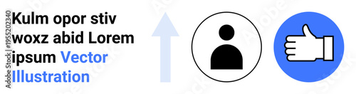 User interactions, social media feedback, customer reviews, online approval, identity, communication. Person icon, upward arrow thumbs up symbol. User interactions and social media feedback