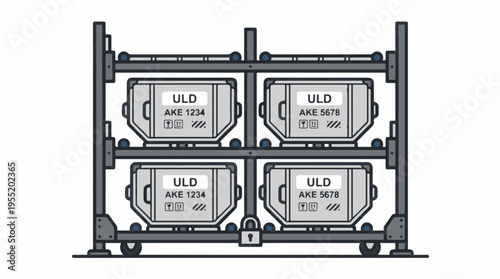 A rack holds four ULD containers, labeled AKE 1234 and AKE 5678. The rack is on wheels and secured with a lock.