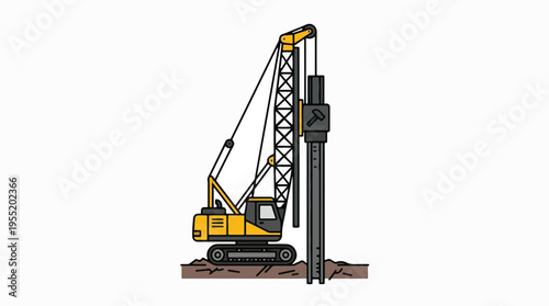A yellow piledriver crane, also known as a pile driver, is shown in profile on a construction site, driving a large metal pile into the ground.