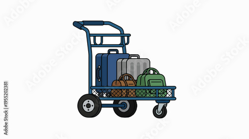 A blue baggage trolley loaded with various suitcases and bags, ready for transport.