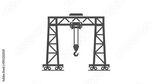 A stylized, minimalist graphic of a gantry crane with a hook hanging from a trolley on a bridge, supported by A-frame legs on tracks.