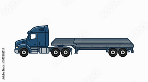 A blue semi-truck with a flatbed trailer is shown from a side profile, ready for transport.