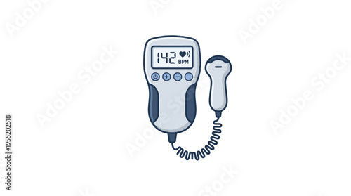 A digital illustration of a fetal doppler, displaying a heart rate of 142 BPM. It includes the handheld probe connected by a coiled cord.