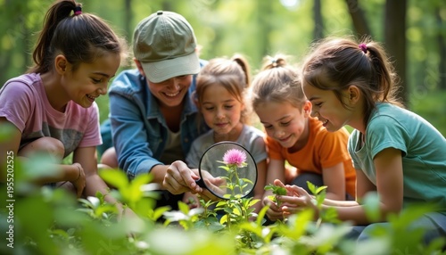 Kids and adult look at flower with magnifying glass in forest. Children learn about nature and plants during outdoor field trip. Group explores green woodland together.