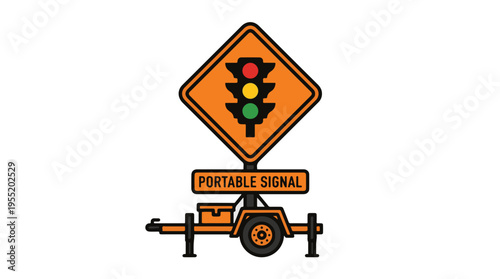 Orange diamond sign with a traffic light symbol and PORTABLE SIGNAL text on a trailer. Isolated on white.