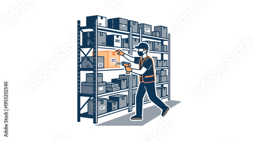 A warehouse worker scans a box on a shelf. The illustration shows a person in a vest and hat with a barcode scanner in a storage facility.