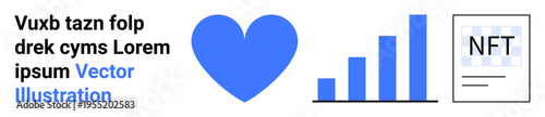 Digital trends, data analysis, blockchain technology, finance, statistics, innovation. A blue heart, bar graph and NFT icon in a clean layout. Digital trends and data analysis concepts