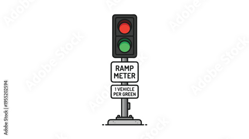 A ramp meter with a red light on top and a green light below, indicating 1 vehicle per green.