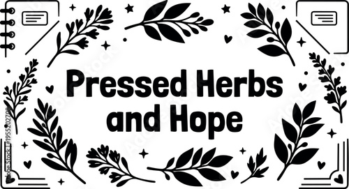 Pressed herbs and hope phrase with botanical leaf branches and star accents