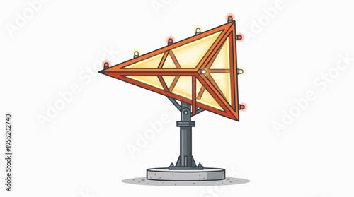 An illuminated orange triangular wind indicator structure with red and yellow lights, mounted on a grey pole and base, against a white background.