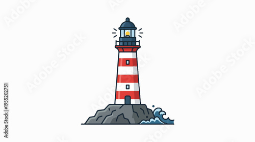 A colorful illustration of a classic red and white striped lighthouse standing on a rocky outcrop with blue waves crashing against it. Its light is shining bright.