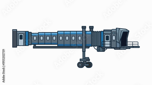 An illustration of an airport jet bridge, a movable covered walkway connecting a terminal gate to an aircraft for passenger boarding or deboarding.