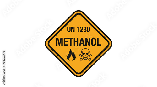 A yellow diamond hazard warning sign for METHANOL (UN 1230) with black text and symbols, including a flame and a skull and crossbones, indicating flammability and toxicity.