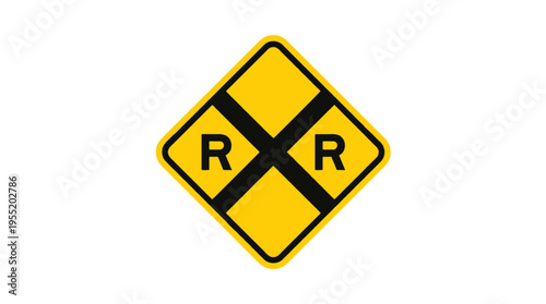 A yellow, diamond-shaped warning sign with a black border, featuring a black 'X' and two black 'R' letters, indicating a railroad crossing ahead.