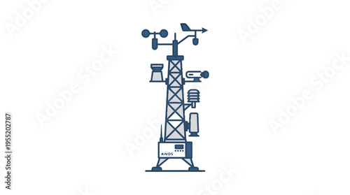 A blue line art illustration of a weather station tower on a white background, featuring an anemometer, wind vane, rain gauge, and other sensors, with AWOS on its base.