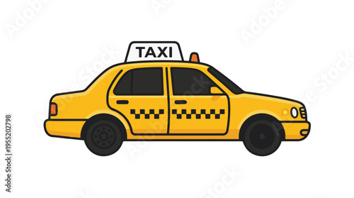 A side view cartoon illustration of a yellow taxi car with a 'TAXI' sign and orange light on the roof, and black and yellow checkered patterns on the doors, set against a white background.