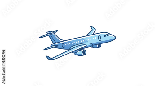 A cheerful cartoon drawing of a bright blue passenger airplane in flight against a plain white background, showing its side profile with visible windows and engines.