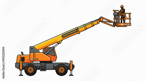 An orange boom lift with an extendable arm and a worker in the basket operating controls. It's a mobile elevated work platform.