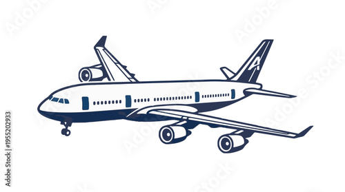 Stylized illustration of a commercial airplane in profile view, with four engines and a white fuselage and wings outlined in dark blue.