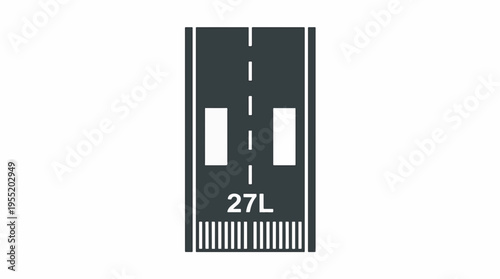 Icon of an airport runway with 27L designation, showing center line, threshold, and touchdown zone markings. Simple, clean, top-down view.